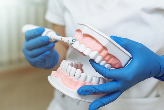 Photo dentist showing how to brush teeth