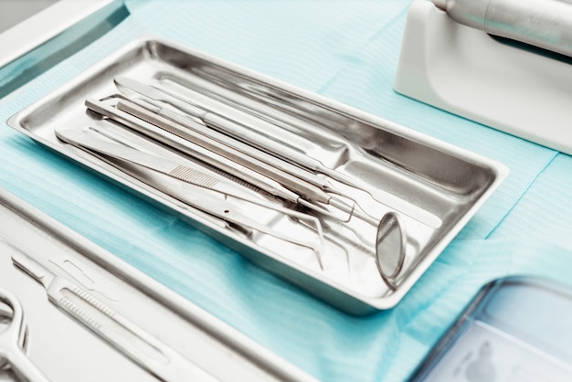 Dentist tools. Dentist workplace equipment set. Health and medicine. Close-up