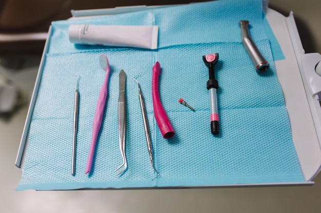 Dentist tools on the table in the clinic