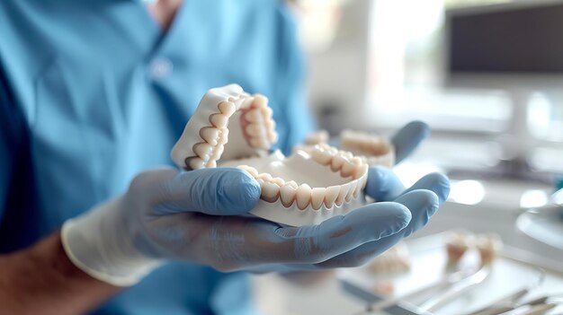 A dentist wearing blue gloves holds a set of dentures in the palm of their hand The dentures are made of white ceramic and have a natural appearance