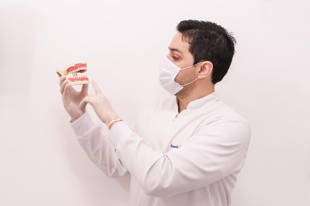 Photo dentist wearing a mask holding an artificial denture pointing at the teeth on a white background