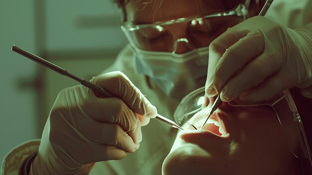 Photo a dentist in a white coat and gloves examines a patients teeth with a mouth mirror and probe