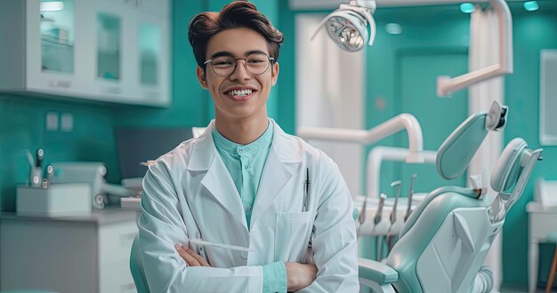 Photo a dentist in a white coat holding dental tools standing in a dental office solid color background