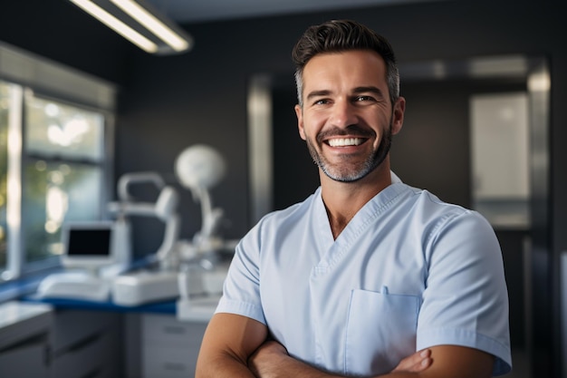 A dentist with a cheerful expression in his office