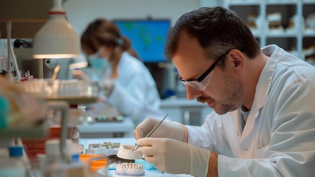 Photo dentist working on a set of dentures in a dental lab