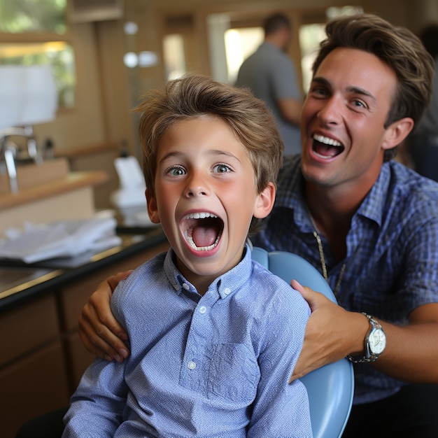 Photo dentist and young patient laughing with mouths open