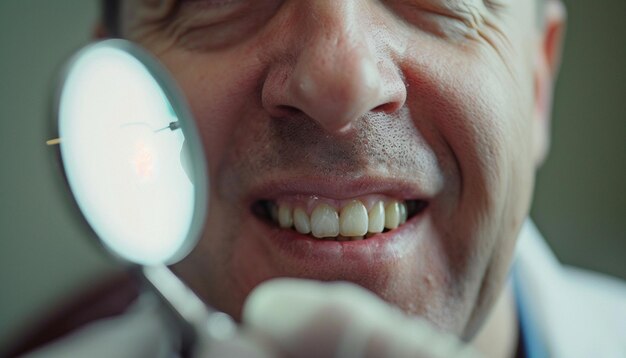 Photo dentistry a satisfied patient looks in mirror at his teeth copy space image place for adding text