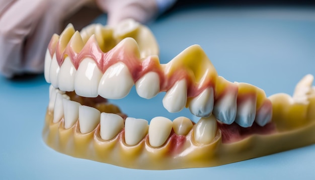 A dentists fake teeth on a blue table