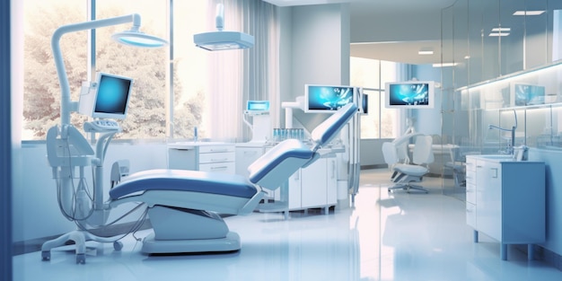 A dentists office with a monitor and a chair generative ai