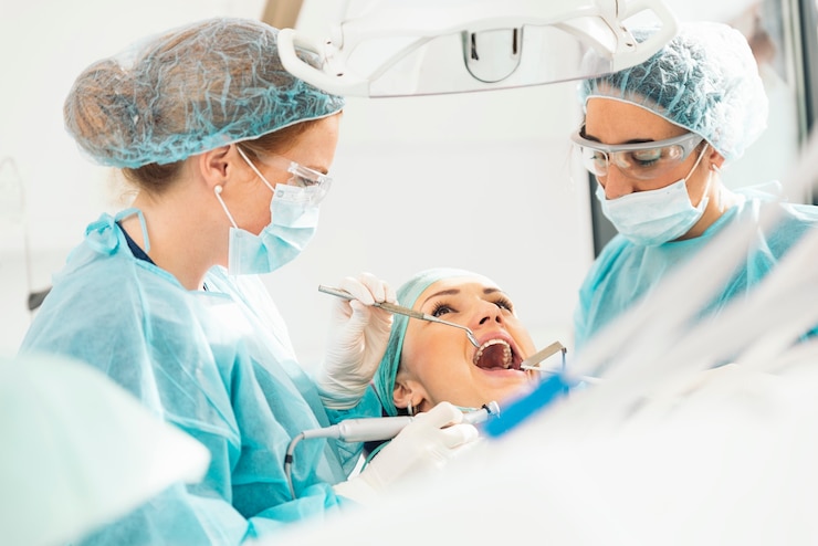 Photo dentists with a patient during a dental intervention.
