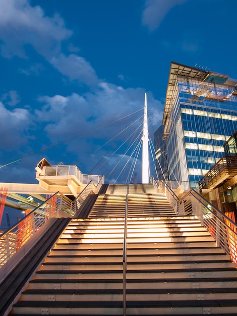 Denver Millennium Bridge bij zonsondergang.