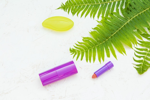 Deodorant,, a lipstick, soap and leaves of fern on the structured background. Women's accessories for bath procedures. Top view.