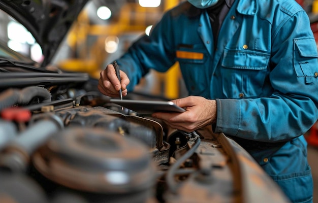 Depending on the month auto mechanics examine the vehicles condition Using the tablet