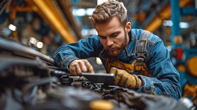 Depending on the month auto mechanics examine the vehicles condition Using the tablet