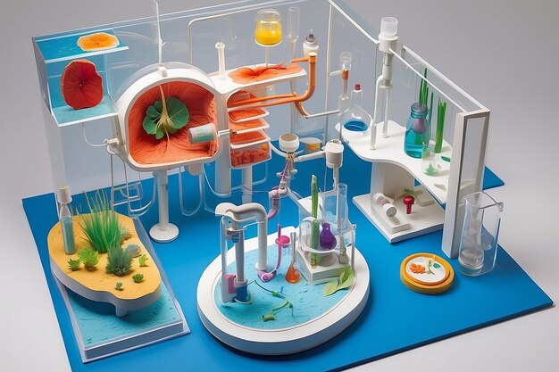 사진 세포 호흡 과정 을 묘사 하는 모델 을 가진 실험실 의 한 구석 을 묘사 하십시오