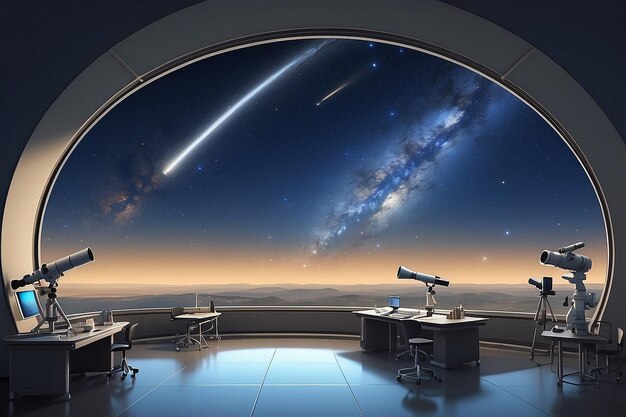 사진 밤 하늘 을 가리키는 망원경 을 가지고 천문학 에 전념 한 실험실 의 한 부분 을 묘사 하십시오
