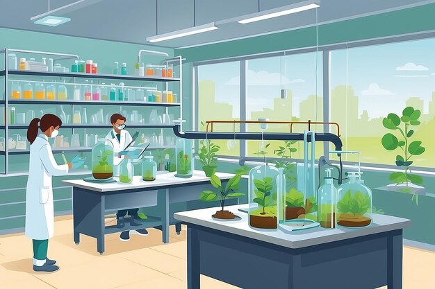 살충제 의 생태적 영향 에 대한 실험 을 수행 하는 학생 들 과 함께 생물학 실험실 을 묘사