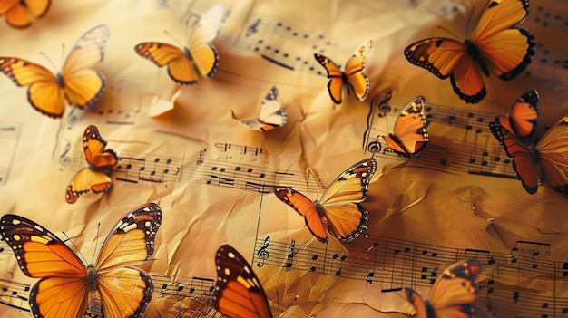 На изображении бабочки, появляющиеся из музыкальных партитур, их крылья отражают ноты, символизирующие превращение музыки в красоту.