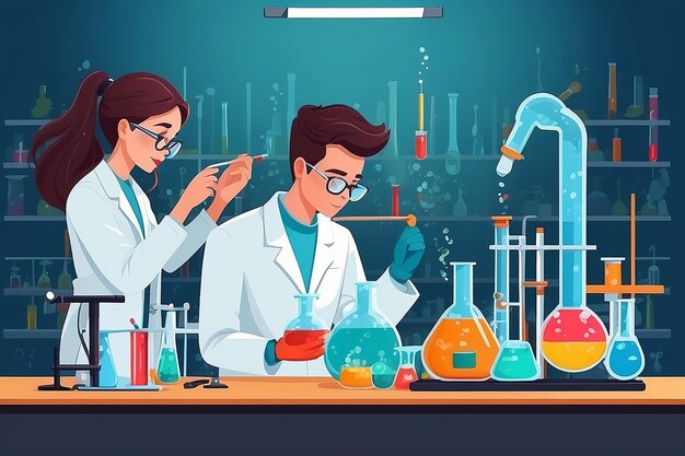 生化学のベクトルイラストの原理に関する実験を行う学生と化学実験室を平らなスタイルで描く