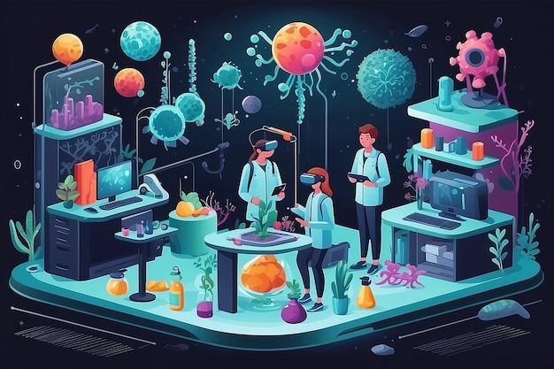 Photo depict a chemistry lab with students conducting experiments on the principles of green synthesis vector illustration in flat style