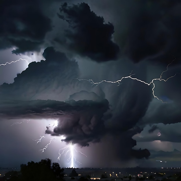 Фото Изображать темные облака с ударами молнии, генерируемыми ии