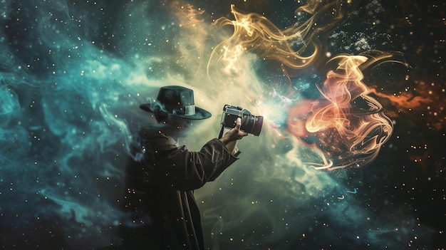 Foto rappresenta un regista come un mago che lancia incantesimi e convoca illusioni con una telecamera come bacchetta magica che illustra la trasformazione magica delle idee in storie visive