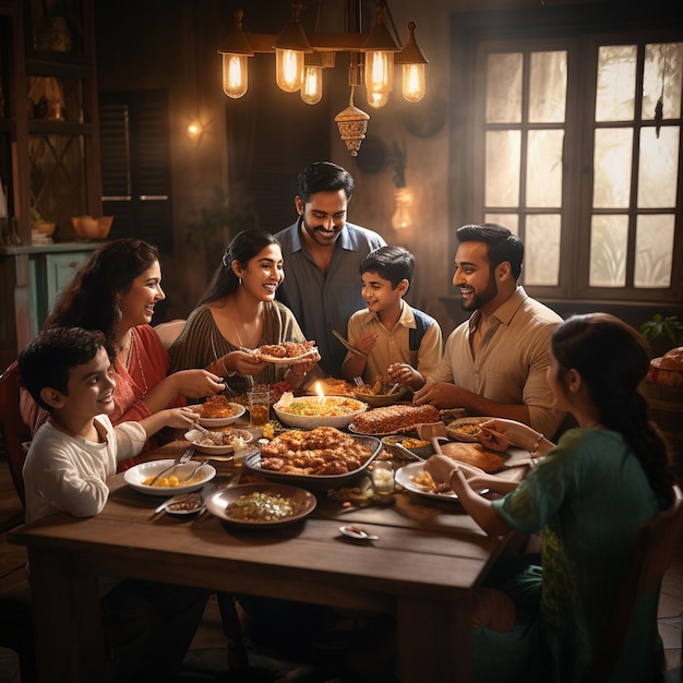 テーブルの周りに集まった家族やグループが一緒に断食をしている様子を描く