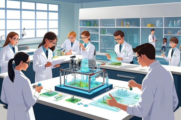 Depict a flatstyle scene of students presenting their innovative scientific projects in the lab