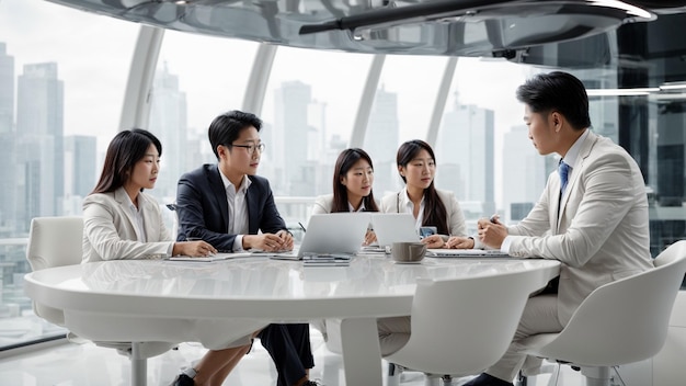Depict a forwardthinking Asian business team engaging in a meeting at a futuristic white desk
