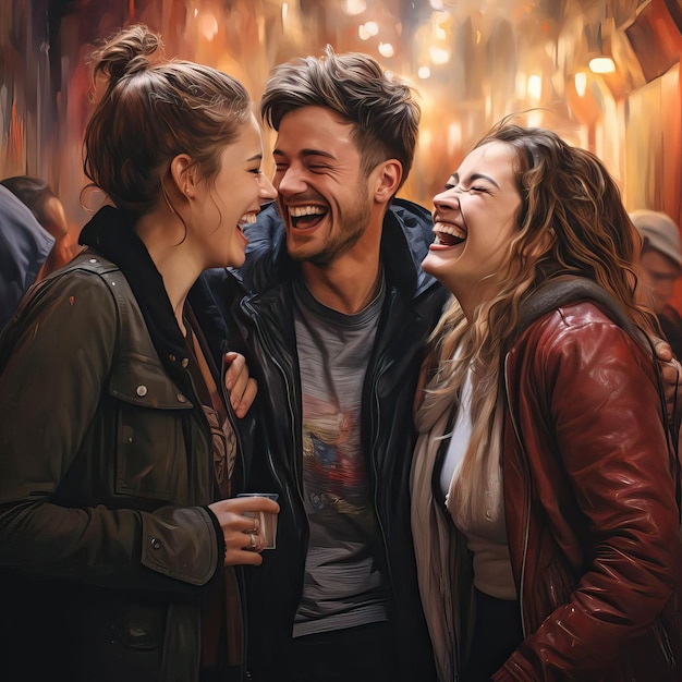 Depict friends embracing and laughing together in a scene