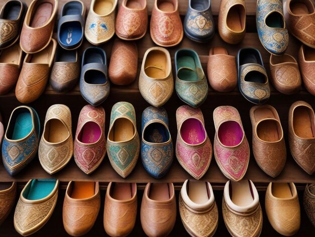 Depict a market scene with various types of shoes