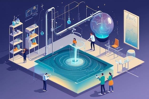 Photo depict a physics lab with students conducting experiments on the principles of fluid dynamics