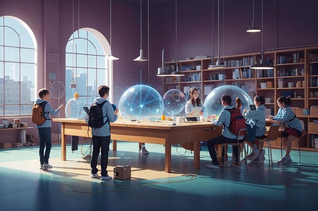 Photo depict a physics lab with students exploring the principles of quantum mechanics vector illustration in flat style