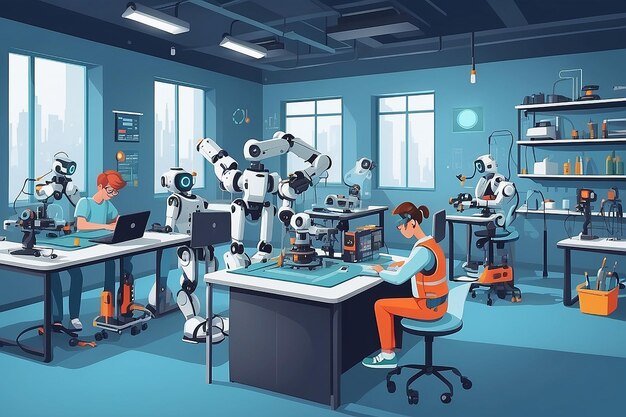 Foto rappresenta un angolo di laboratorio di robotica con studenti che lavorano all'assemblaggio e alla programmazione di robot illustrazione vettoriale in esperimenti in stile piatto