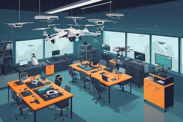 Depict a robotics lab with students developing autonomous drones for wildlife monitoring