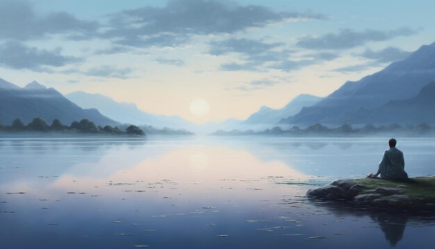 Depict a serene landscape at dawn on Blue Monday