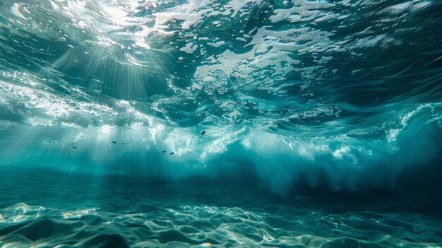 Нарисуйте подводную перспективу волн под поверхностью, подчеркивая танец света и теней при движении воды, предлагая уникальный вид энергии океана.