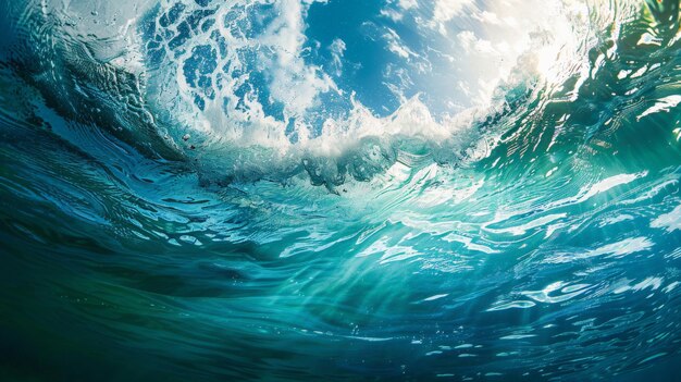 Photo depict an underwater perspective of waves from below the surface highlighting the dance of light and shadows as the water moves offering a unique view of the oceans energy