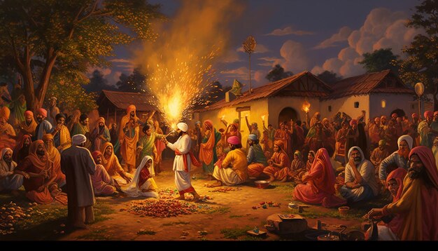 Depict a vibrant lohri celebration in a punjabi village with a large bonfire at the center