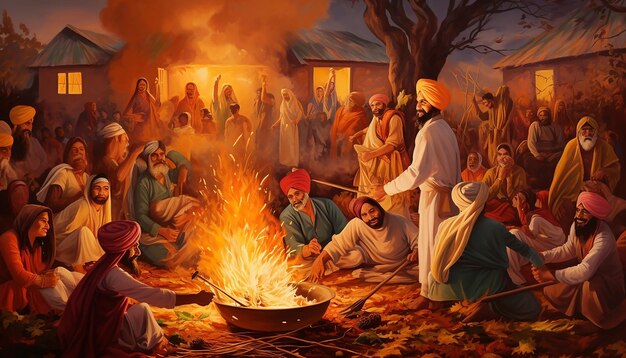 Depict a vibrant lohri celebration in a punjabi village with a large bonfire at the center