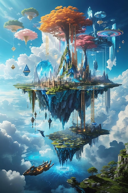 Photo depict a world suspended among the clouds with floating cities and celestial waterfalls the scene