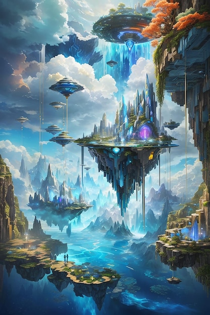 Depict a world suspended among the clouds with floating cities and celestial waterfalls The scene