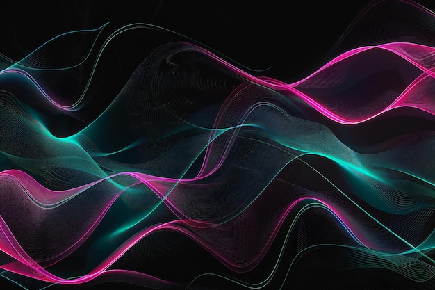 depicting black background with neon pink and teal wavy lines creating abstract design