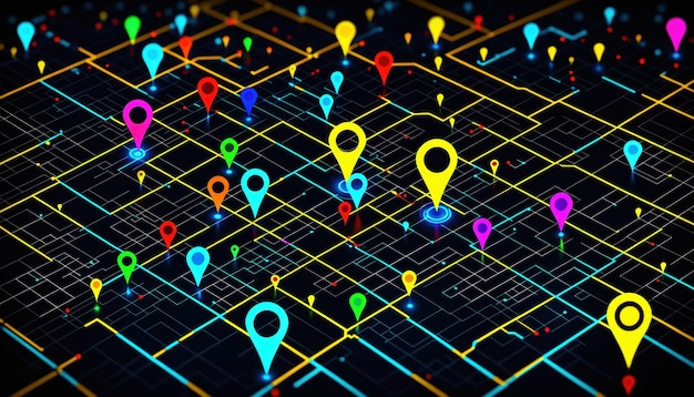 depicting a futuristic digital map with various colored location pins placed throughout its interconnected network of pathways