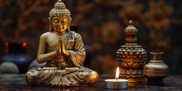depicting a golden statue of buddha with his hands clasped together and folded in prayer sits on t