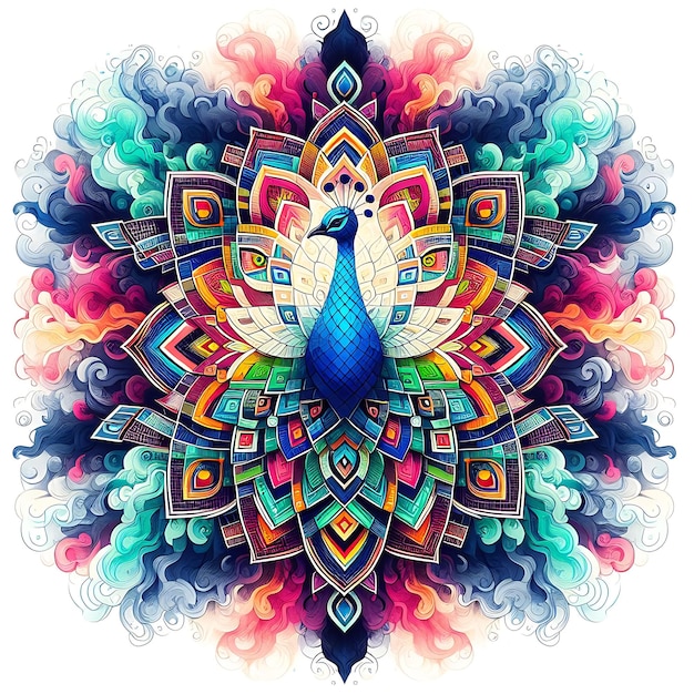 Depicting a tessellated geometric peacock surrounded by vibrant smoke effects on a white background