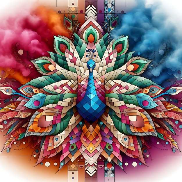 Depicting a tessellated geometric peacock surrounded by vibrant smoke effects on a white background