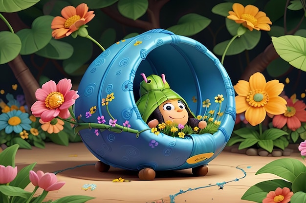 A depiction of Carl spinning his cocoon surrounded by vibrant flowers and foliage