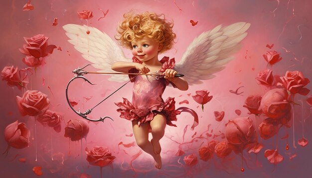 Photo depiction of cupid aiming his arrow surrounded by a flurry of hearts and ribbons valentines day