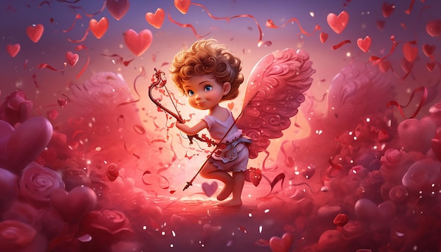 Photo depiction of cupid aiming his arrow surrounded by a flurry of hearts and ribbons valentines day